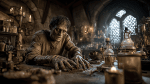 Ilustración de quién es Frankenstein mostrando su rostro con piel amarilla y ojos acuosos