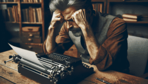 Escritor pensativo frente a una máquina de escribir antigua