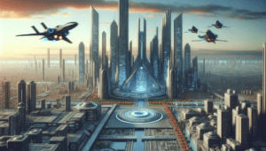 Libro de ciencia ficción abierto con ilustraciones futuristas