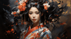 Retrato artístico de geisha con maquillaje y peinado característico