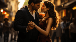Bailarines de tango en una milonga de Buenos Aires, reflejando la pasión y la intimidad del baile
