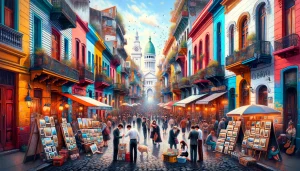 Calle de Buenos Aires adornada con arte callejero, reflejando la vibrante cultura local