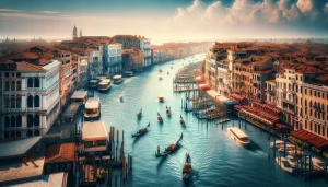 Góndola navegando por un tranquilo canal veneciano al atardecer, reflejando la serena vida cotidiana