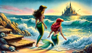 Escena del cuento La Sirenita mostrando el intercambio con la bruja del mar