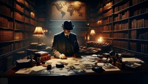 Hércules Poirot en su oficina, pensativo