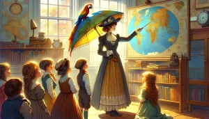 Ilustración de Mary Poppins con los niños Banks en Londres