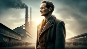 Oskar Schindler frente a su fábrica, símbolo de esperanza y redención