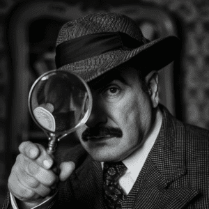 Poirot examinando pistas con su lupa