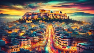 Vista panorámica del Partenón en la Acrópolis de Atenas al atardecer