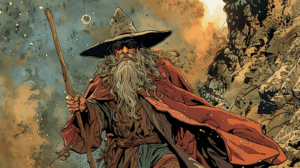Retrato de Gandalf con su bastón en la Tierra Media