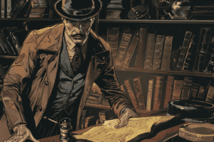 Sherlock Holmes usando su característico abrigo y sombrero