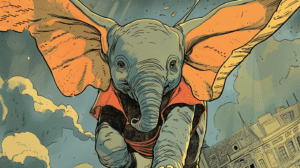 Dibujo de Dumbo realizando su acto de vuelo en el circo