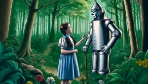 Ilustración de Dorothy Gale con Toto en el camino de baldosas amarillas