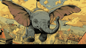 Ilustración de Dumbo volando en el cielo azul