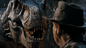 Retrato de Alan Grant con fondo de dinosaurios en Jurassic Park