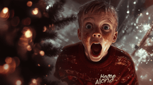 Primer plano del rostro de Kevin McCallister gritando frente al espejo