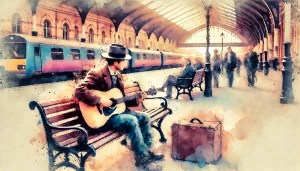 Guitarrista tocando en un banco de la estación