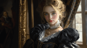 Retrato conceptual de quién es Milady de Winter vigilando la corte francesa