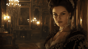 Retrato literario de la Marquesa de Merteuil en un salón aristocrático