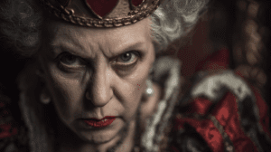 Alicia frente a la reina de corazones en el jardín de cartas