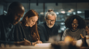 Consultoría editorial guiando a un autor durante el proceso de autopublicación profesional