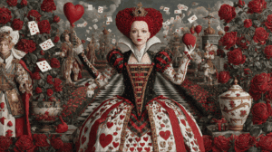 Escena del juicio con la reina de corazones ordenando castigos