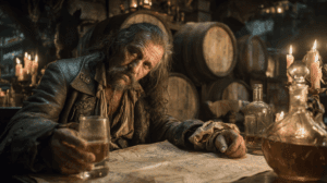 Long John Silver en un barco pirata, escena inspirada en La isla del tesoro