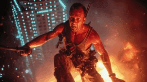 John McClane en La jungla de cristal dentro del edificio Nakatomi Plaza.