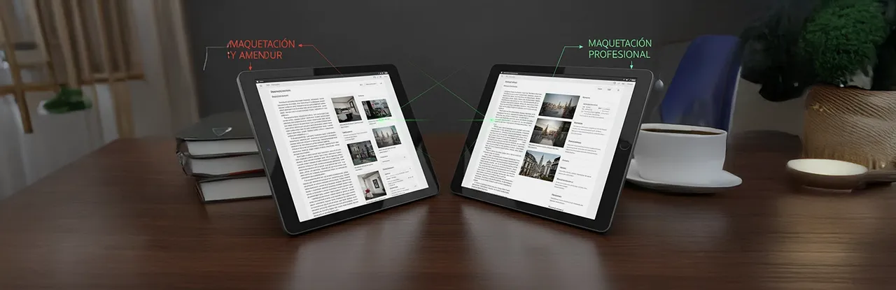 Dos tablets comparando una maquetación digital desordenada con una profesional y limpia, con el logo de Marca Inteligente.