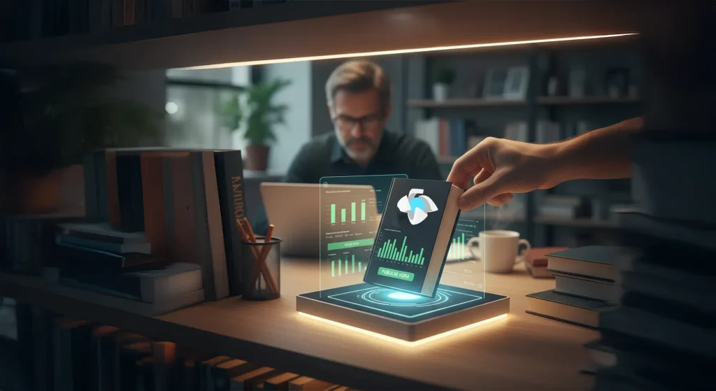 Hombre enfocándose en su libro que está virtualmente proyectado mostrando estadísticas de venta y el logo de Marca Inteligente