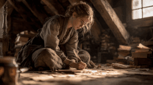 Ilustración de Jo March leyendo junto a sus hermanas en Mujercitas