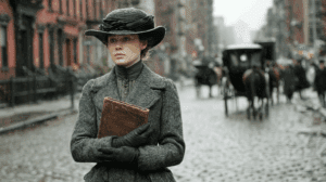 Jo March junto al profesor Bhaer bajo la lluvia