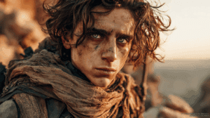 Primer plano de los ojos azules de Paul Atreides por efecto de la especia melange en Arrakis