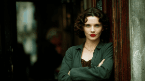 Retrato del personaje literario Vianne Rocher vestida de rojo representando su arquetipo de bruja