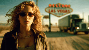 Elizabeth Berkley caracterizada como Nomi Malone con maquillaje de los noventa