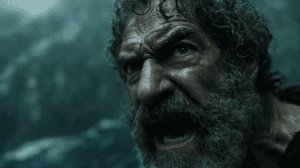 Odiseo disfrazado de mendigo tensando el arco de las doce hachas en Ítaca