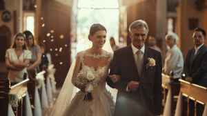 apertura de puertas de iglesia con novia entrando y novio tenso