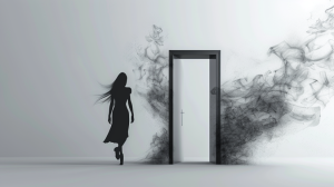 figura femenina dividida con tensión emocional en espacio abstracto