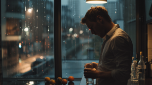 hombre en la cocina de noche apoyado en la ventana con estrés