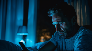 lectura de correo urgente en la noche con tensión en el rostro