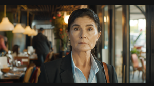 mujer en zona de espera con tensión mientras otros pasan