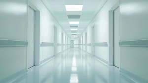 pasillo de hospital vacío con iluminación fría y puertas cerradas a ambos lados