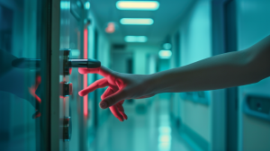 puerta flotante con luz y figura difusa en entorno simbólico